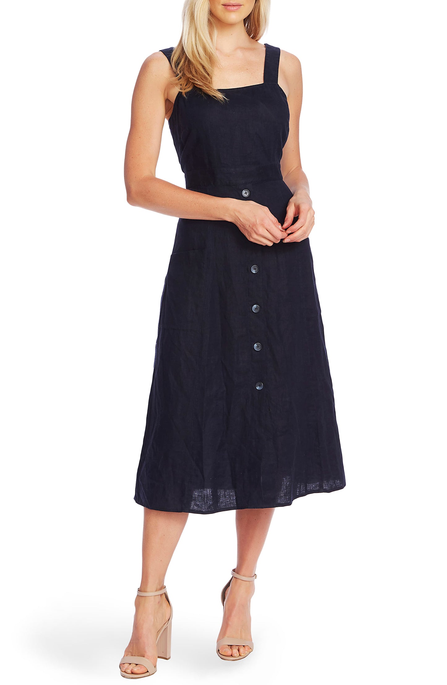 Vestido MIDI de linho feminino Vince Camuto - Azul, tamanho X-S
