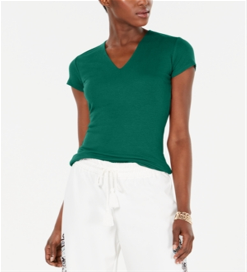 Blusa feminina de manga curta com decote em V canelado da INC International Concepts, verde, tamanho grande
