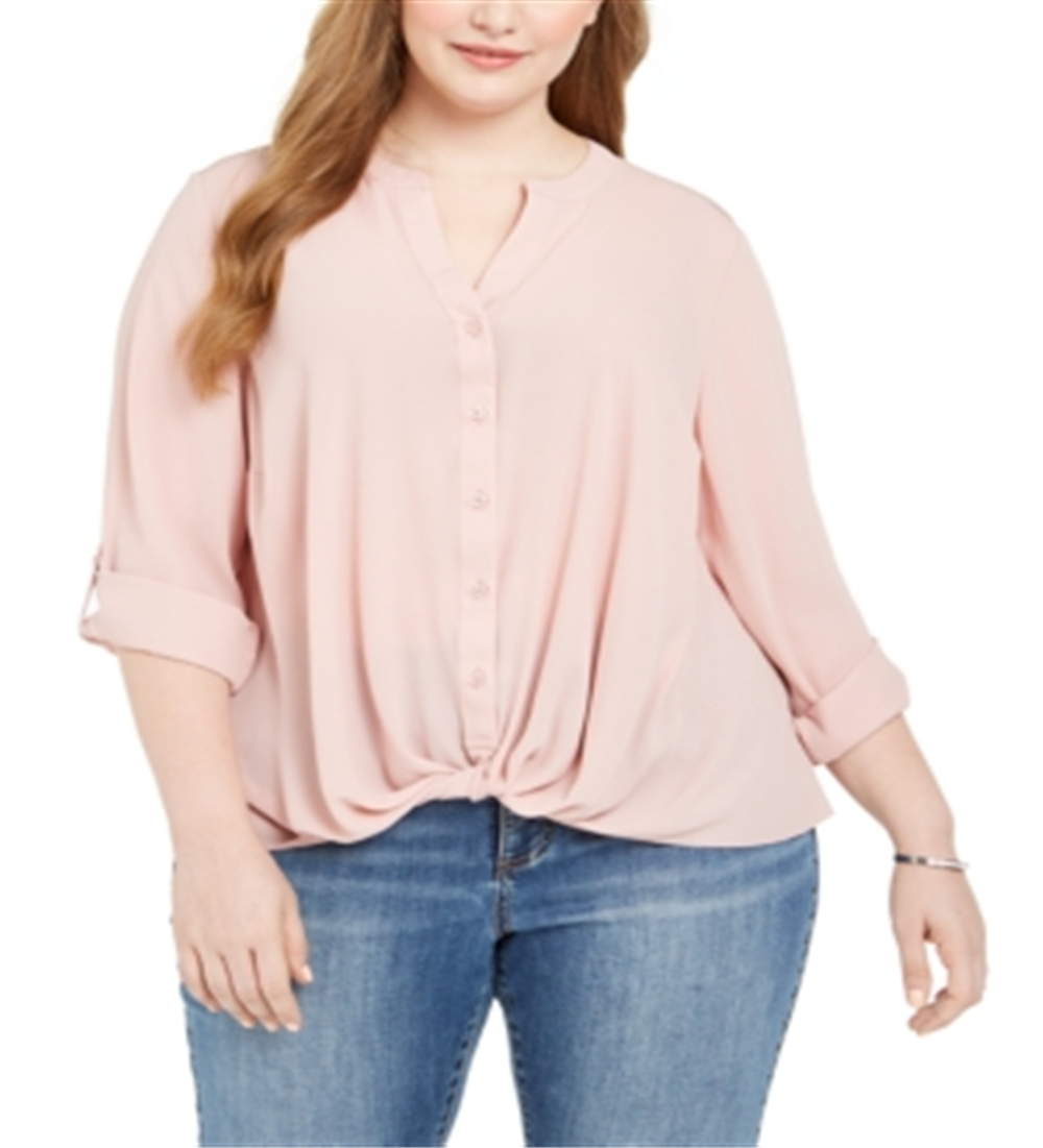 Blusa feminina de manga comprida com aba dobrada INC International Concepts, rosa, tamanho 0X