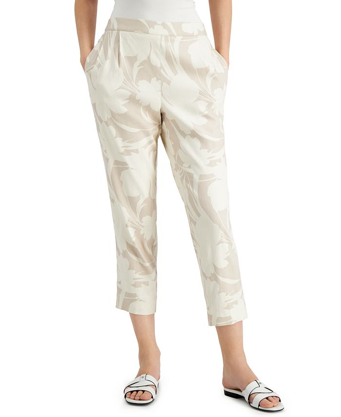 Calça feminina Alfani de linho com estampa floral, marrom, tamanho extragrande