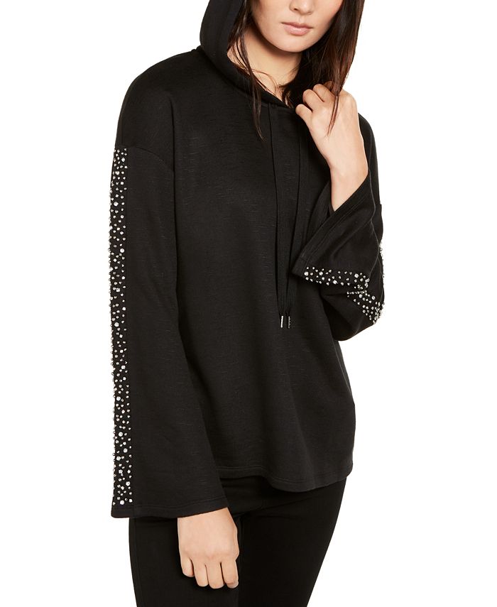 Moletom com capuz feminino INC International Concepts com mangas enfeitadas, preto, tamanho grande