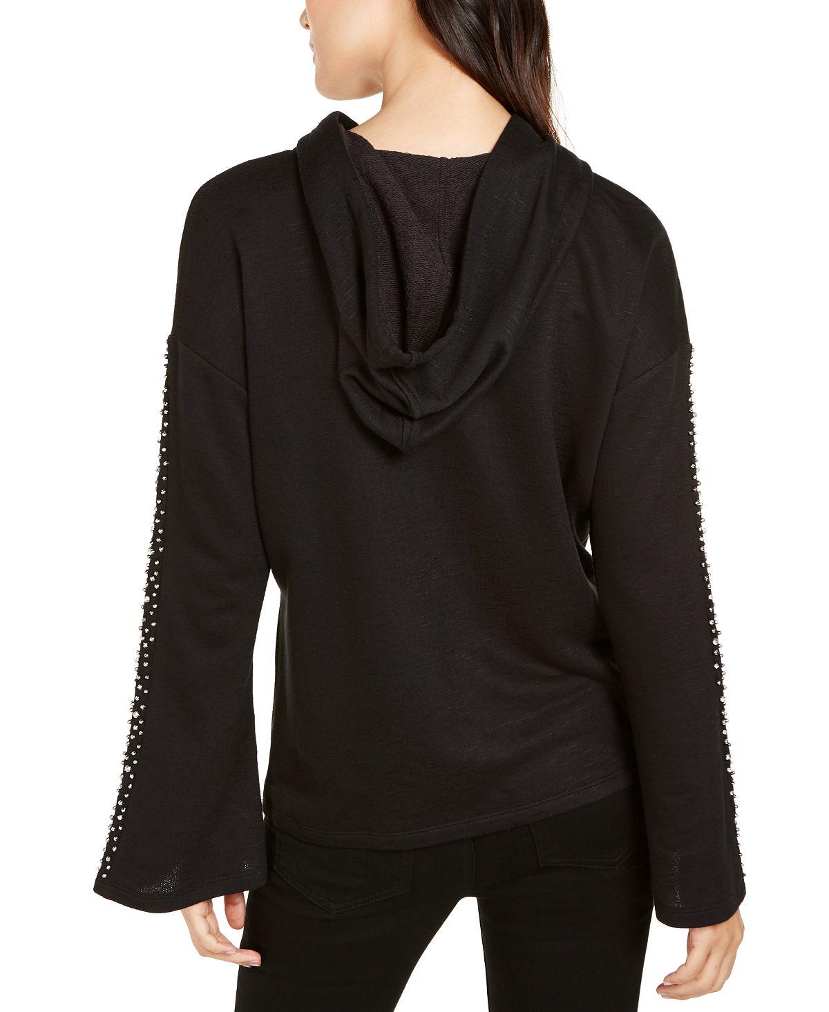 Moletom com capuz feminino INC International Concepts com mangas enfeitadas, preto, tamanho grande