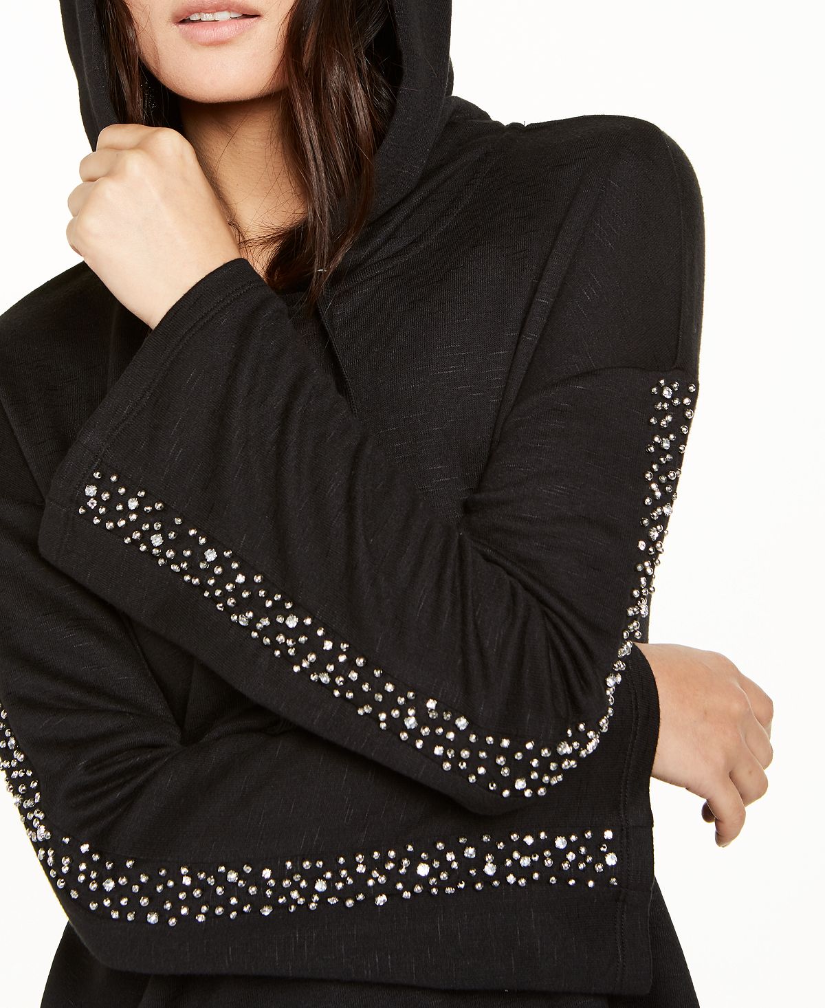 Moletom com capuz feminino INC International Concepts com mangas enfeitadas, preto, tamanho grande