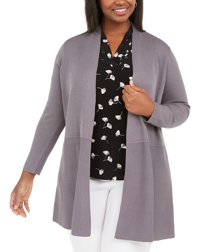 Cardigan longo com costura na cintura e comprimento plus size Anne Klein feminino cinza tamanho 2X