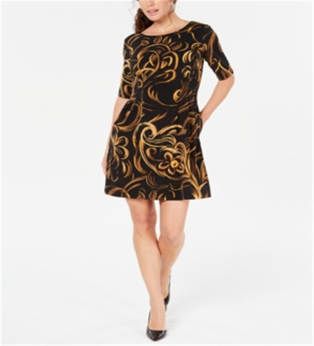 Vestido feminino estampado, justo e evasê, preto, tamanho 12, pequeno