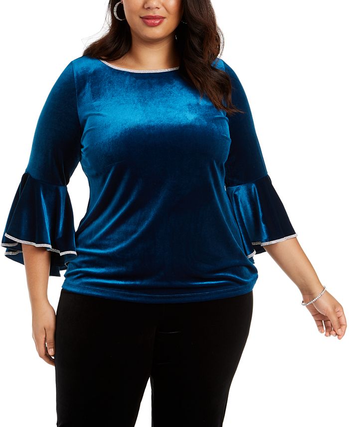Blusa feminina MSK com manga sino e decote em joia, azul, tamanho 1X