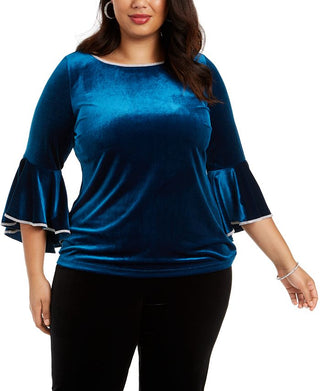 MSK Women's Embellished Bell Sleeve Jewel Neck Wear to Work Top Blue Size 1X