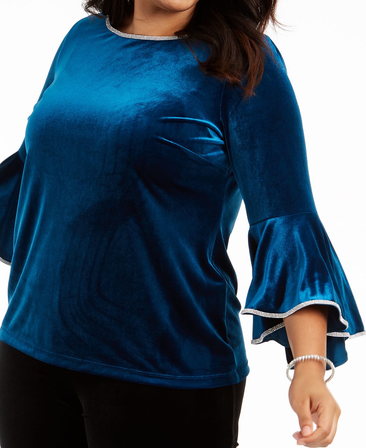 Blusa feminina MSK com manga sino e decote em joia, azul, tamanho 1X