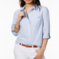 Camisa Tommy Hilfiger Feminina Cornflower Cornell Stripe Roll Tab Botão Down Azul Tamanho P