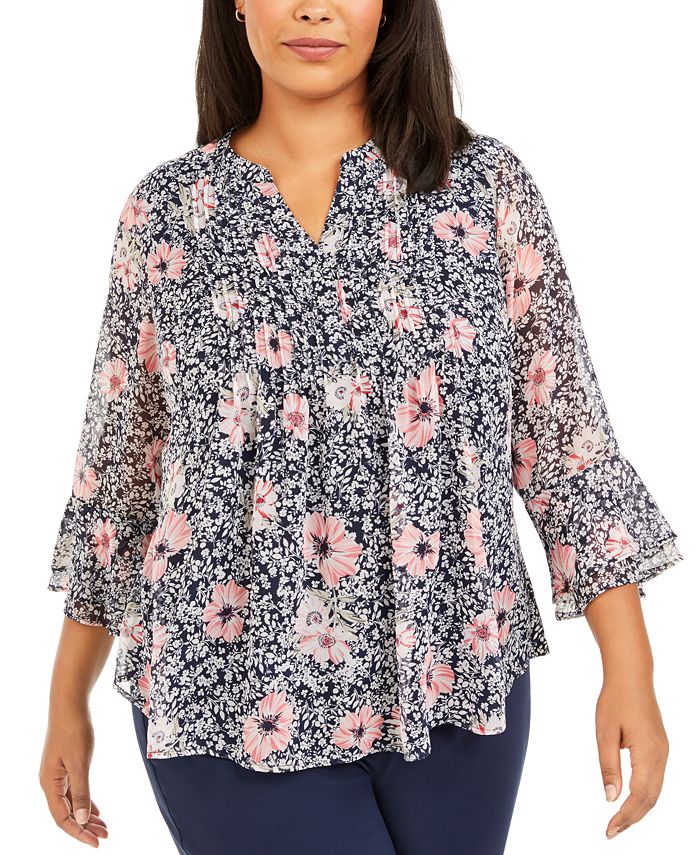 Blusa plissada com estampa floral plus size Charter Club feminina, azul, tamanho 1X