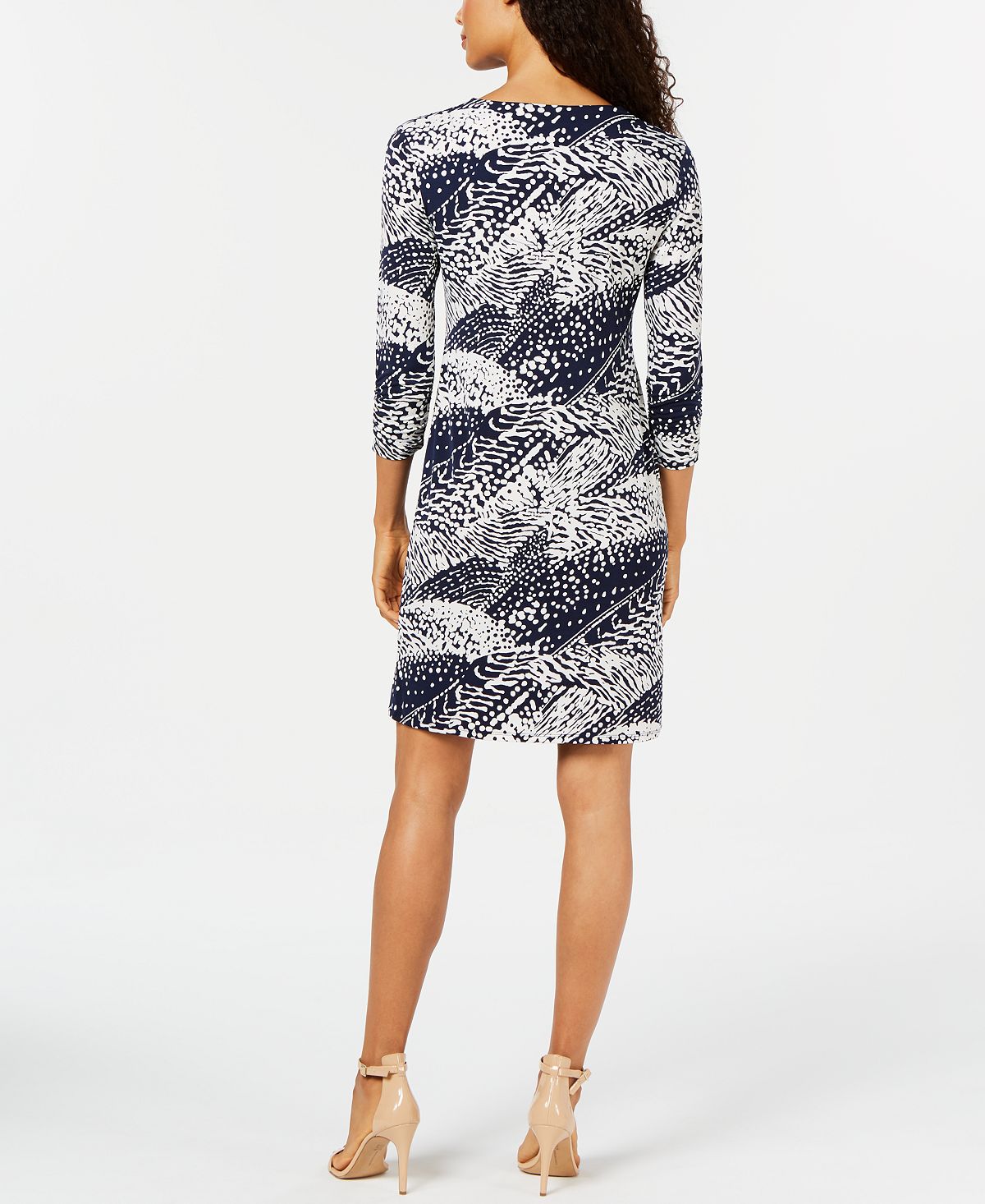 Vestido feminino estampado com zíper frontal da coleção JM, azul, tamanho pequeno médio