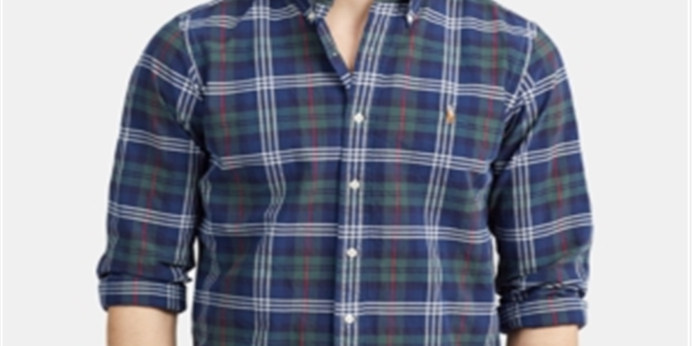 Camisa xadrez elástica Ralph Lauren Classic Fit Masculina Azul Tamanho Médio