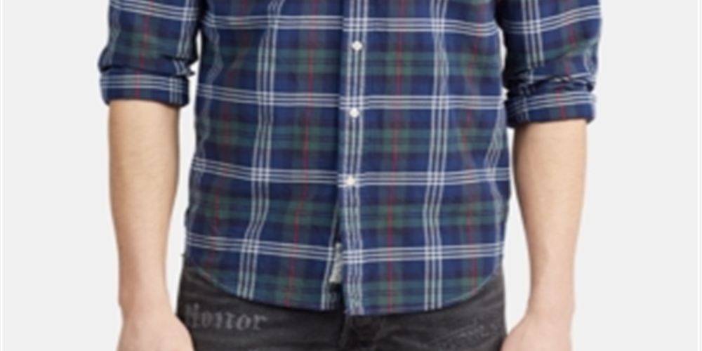 Camisa xadrez elástica Ralph Lauren Classic Fit Masculina Azul Tamanho Médio