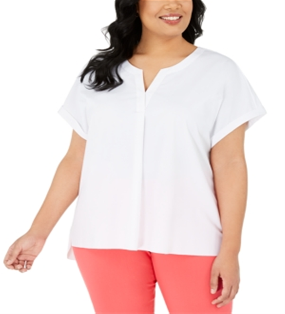 Blusa feminina Alfani Plus com decote dividido e manga curta, branca, tamanho 1X