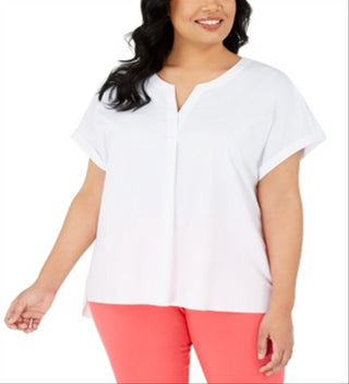 Blusa feminina Alfani Plus com decote dividido e manga curta, branca, tamanho 1X