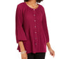 Blusa feminina Ny Collection Petite plissada com botões frontais e manga sino, vermelha, tamanho Petite M