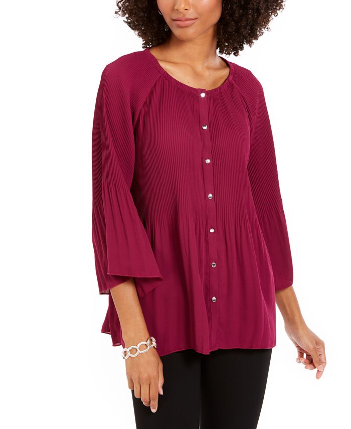 Blusa feminina Ny Collection Petite plissada com botões frontais e manga sino, vermelha, tamanho Petite M