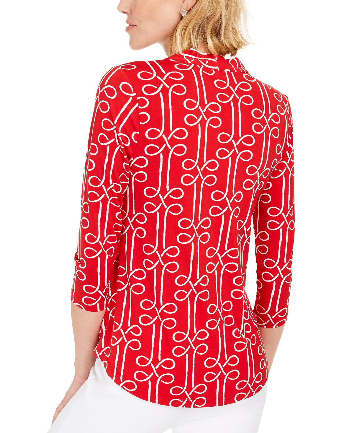 Top feminino com estampa plissada e decote alto Charter Club, vermelho, tamanho pequeno G