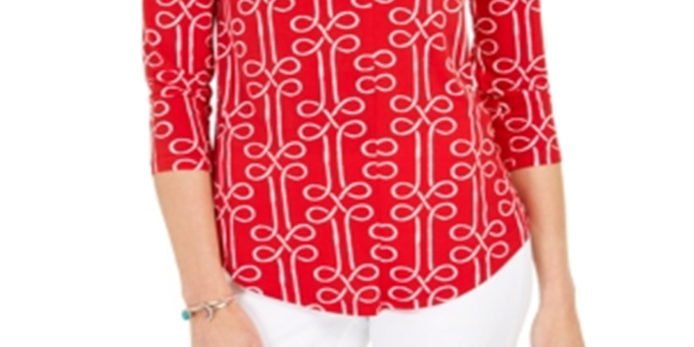Top feminino com estampa plissada e decote alto Charter Club, vermelho, tamanho pequeno G