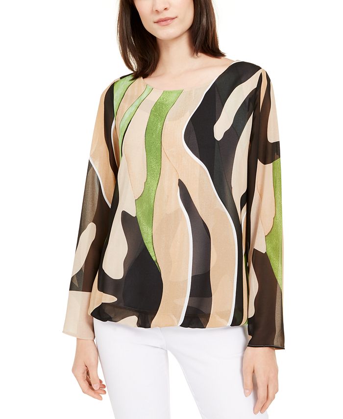 Blusa feminina Alfani com estampa de bolhas e bainha marrom, tamanho X-S