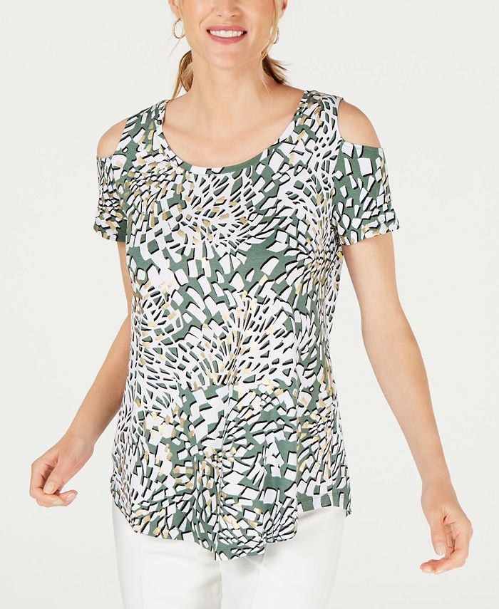 Blusa feminina estampada com ombros descobertos, verde, tamanho pequeno, da coleção JM