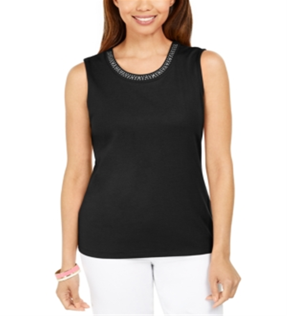 Karen Scott Top Feminino de Algodão com Gola Enfeitada, Preto, Tamanho XXG