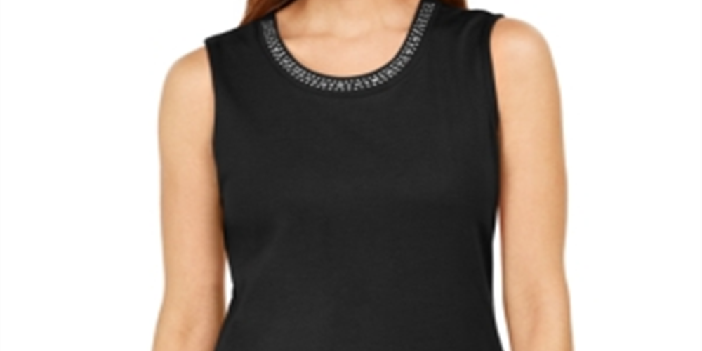 Karen Scott Top Feminino de Algodão com Gola Enfeitada, Preto, Tamanho XXG