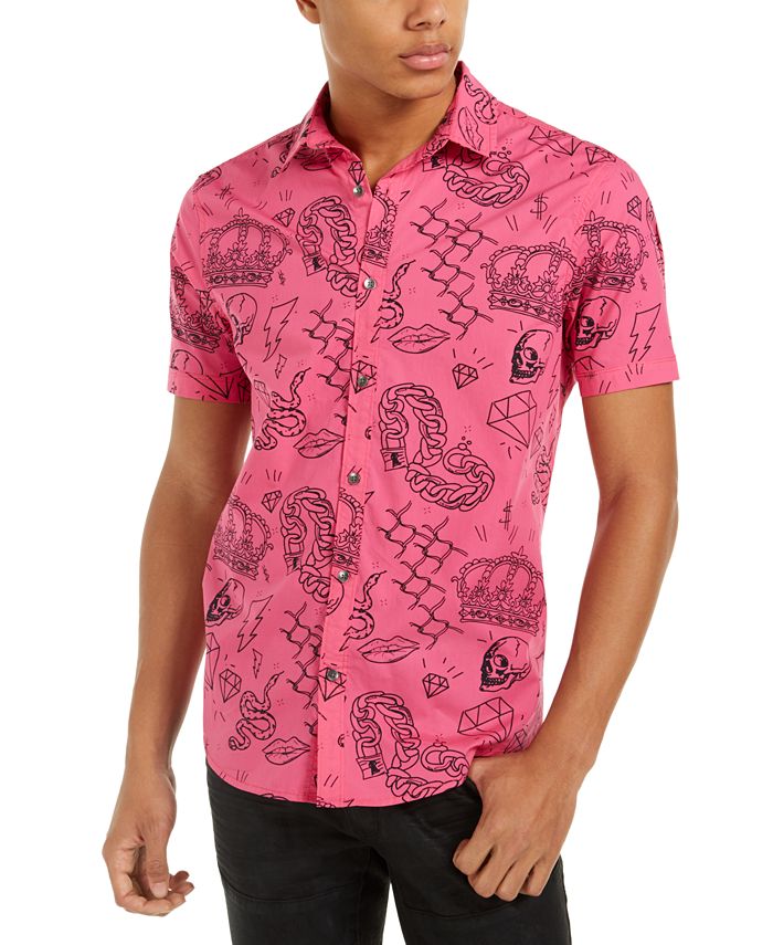 Camisa masculina Edgar Graffiti Regular Fit com botões, rosa, tamanho G, da INC International Concepts