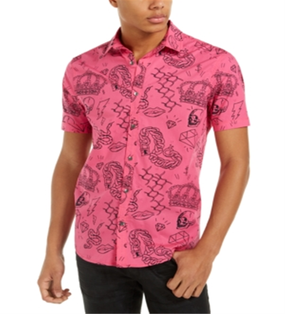 Camisa masculina Edgar Graffiti Regular Fit com botões, rosa, tamanho G, da INC International Concepts