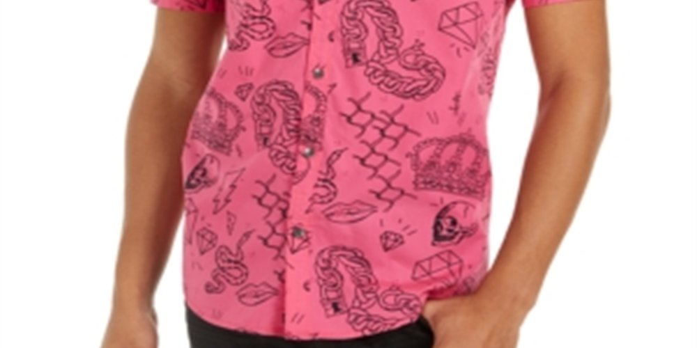Camisa masculina Edgar Graffiti Regular Fit com botões, rosa, tamanho G, da INC International Concepts