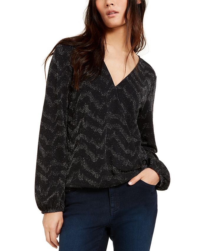 INC International Concepts Top feminino metálico com sobrepeliz, preto, tamanho pequeno