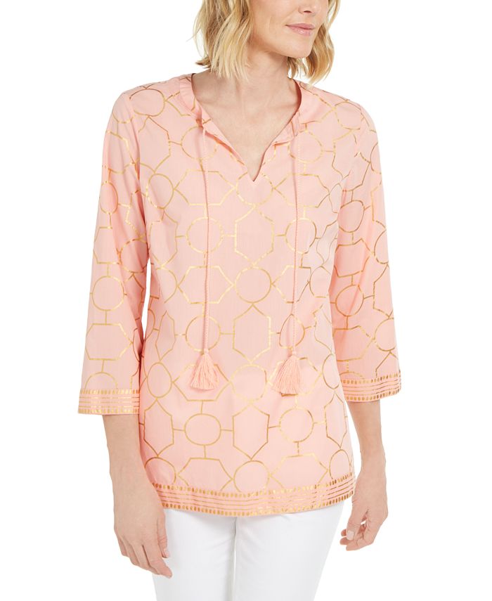 Túnica feminina de algodão estampada Charter Club, laranja, tamanho pequeno P