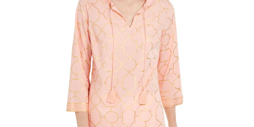 Túnica feminina de algodão estampada Charter Club, laranja, tamanho pequeno P