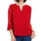 Top feminino estampado com decote dividido e manga sino Charter Club, vermelho, tamanho pequeno G