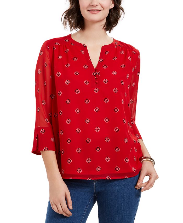 Top feminino estampado com decote dividido e manga sino Charter Club, vermelho, tamanho pequeno G