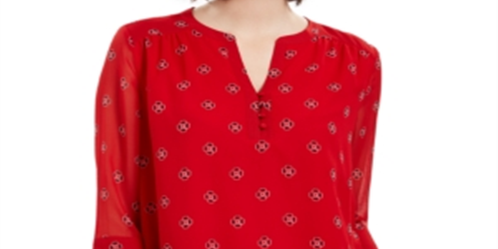 Top feminino estampado com decote dividido e manga sino Charter Club, vermelho, tamanho pequeno G