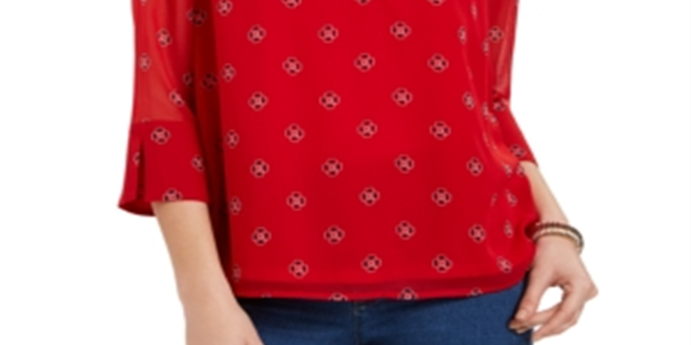 Top feminino estampado com decote dividido e manga sino Charter Club, vermelho, tamanho pequeno G