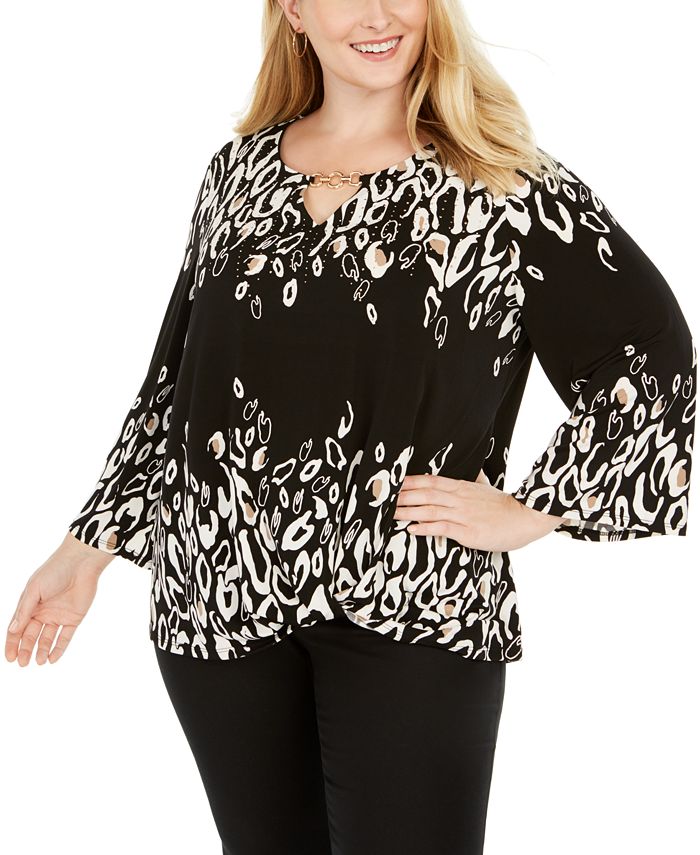Top estampado plus size feminino JM Collection, preto, tamanho 3X
