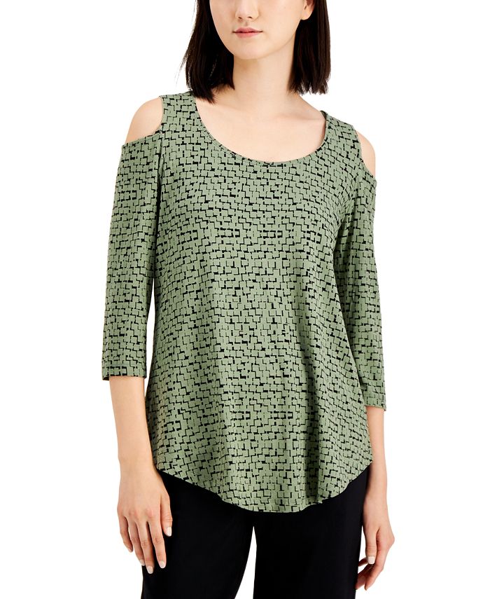 Blusa feminina com estampa geométrica e ombros descobertos, verde, tamanho pequeno, da coleção JM