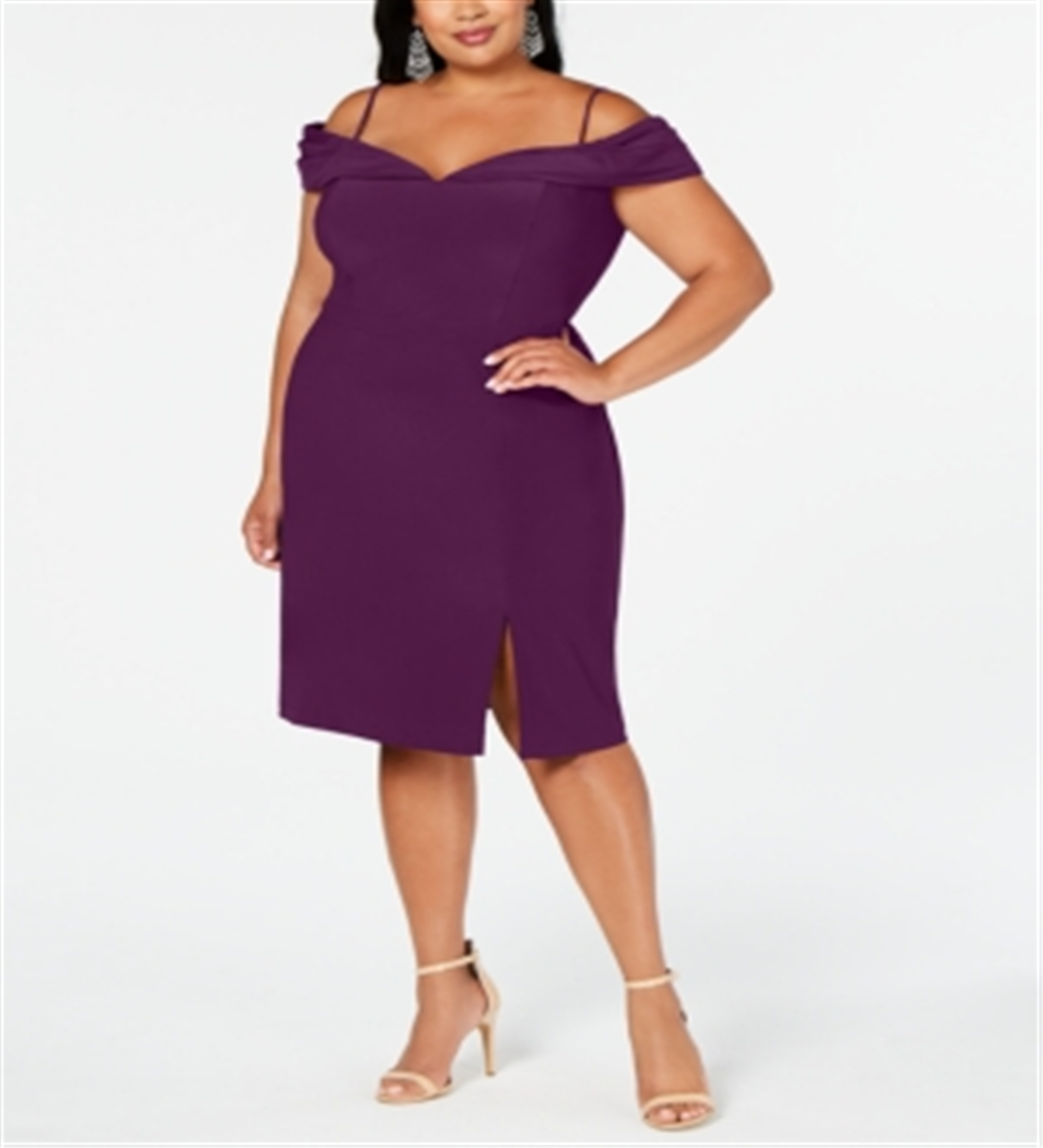 Vestido de coquetel feminino plus size Morgan &amp; Company, ombro de fora, fenda lateral, roxo, tamanho 16W