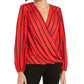 INC International Concepts Blusa feminina listrada de manga comprida com decote em V para usar no trabalho, tamanho grande, vermelha