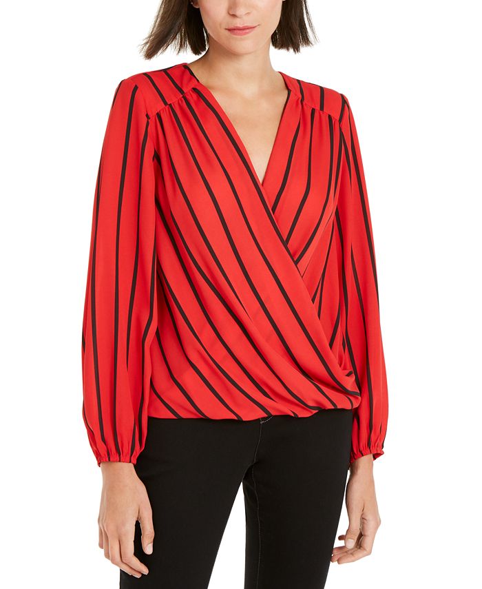 INC International Concepts Blusa feminina listrada de manga comprida com decote em V para usar no trabalho, tamanho grande, vermelha