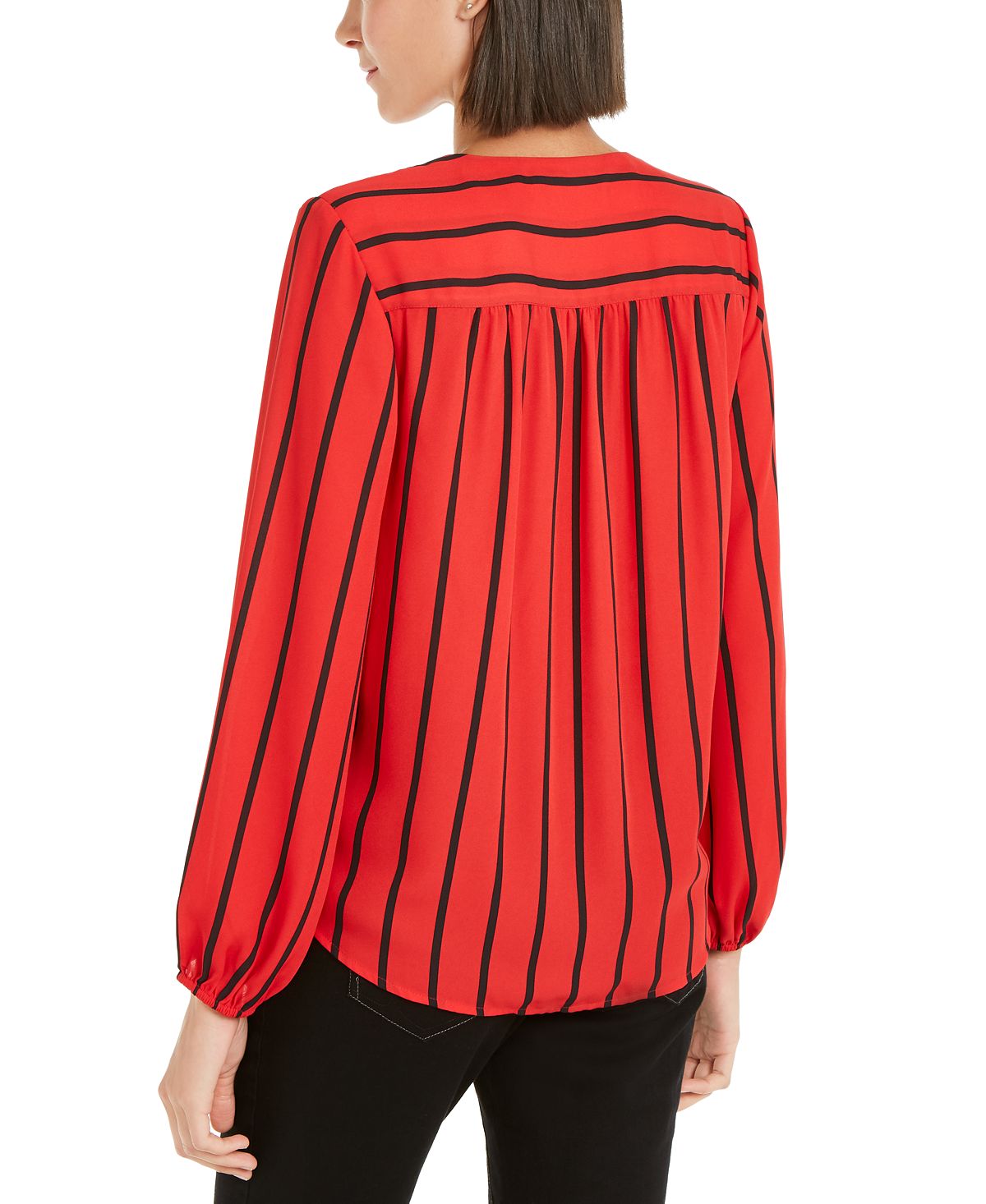 INC International Concepts Blusa feminina listrada de manga comprida com decote em V para usar no trabalho, tamanho grande, vermelha