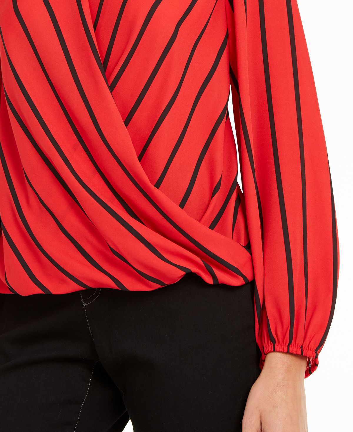 INC International Concepts Blusa feminina listrada de manga comprida com decote em V para usar no trabalho, tamanho grande, vermelha
