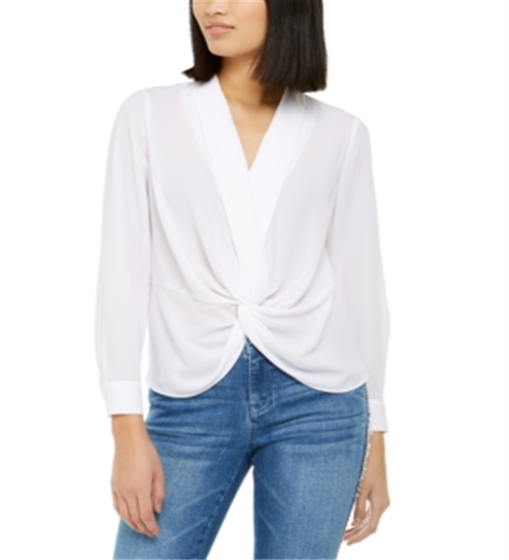 Blusa feminina INC com gola e manga comprida franzida na frente, tamanho médio, branca