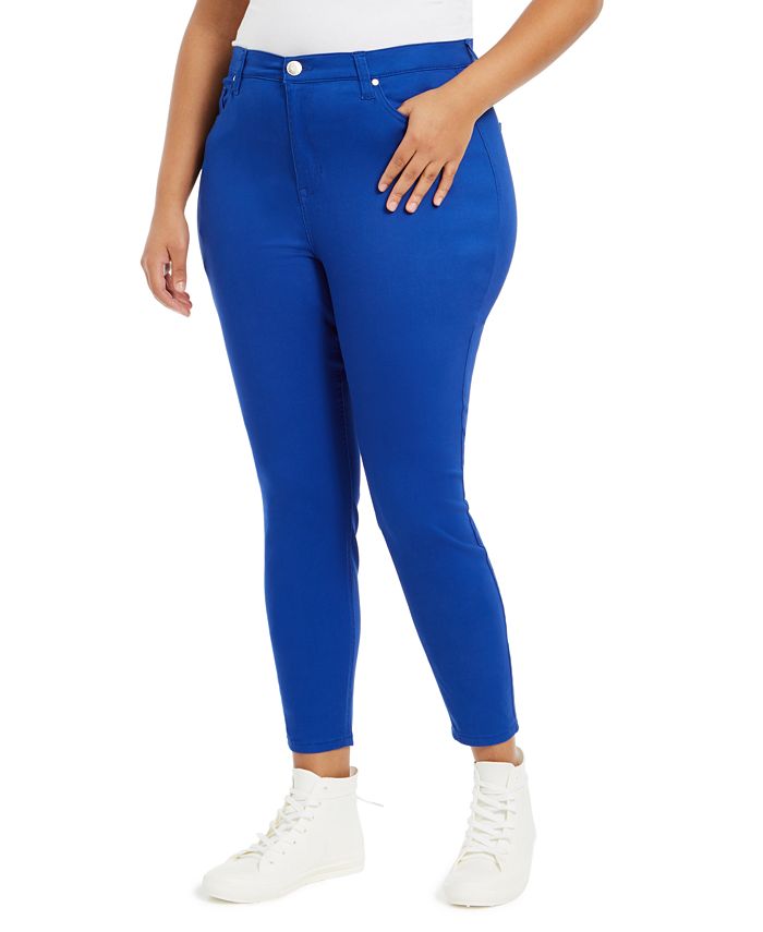 Calça jeans skinny plus size feminina rosa celebridade, cintura alta, azul, tamanho 14