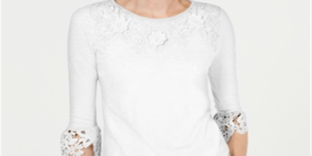 Top feminino de renda bordada em algodão Charter Club, tamanho médio, branco