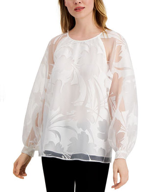Blusa feminina Alfani transparente lisa manga comprida gola joia branca tamanho GG