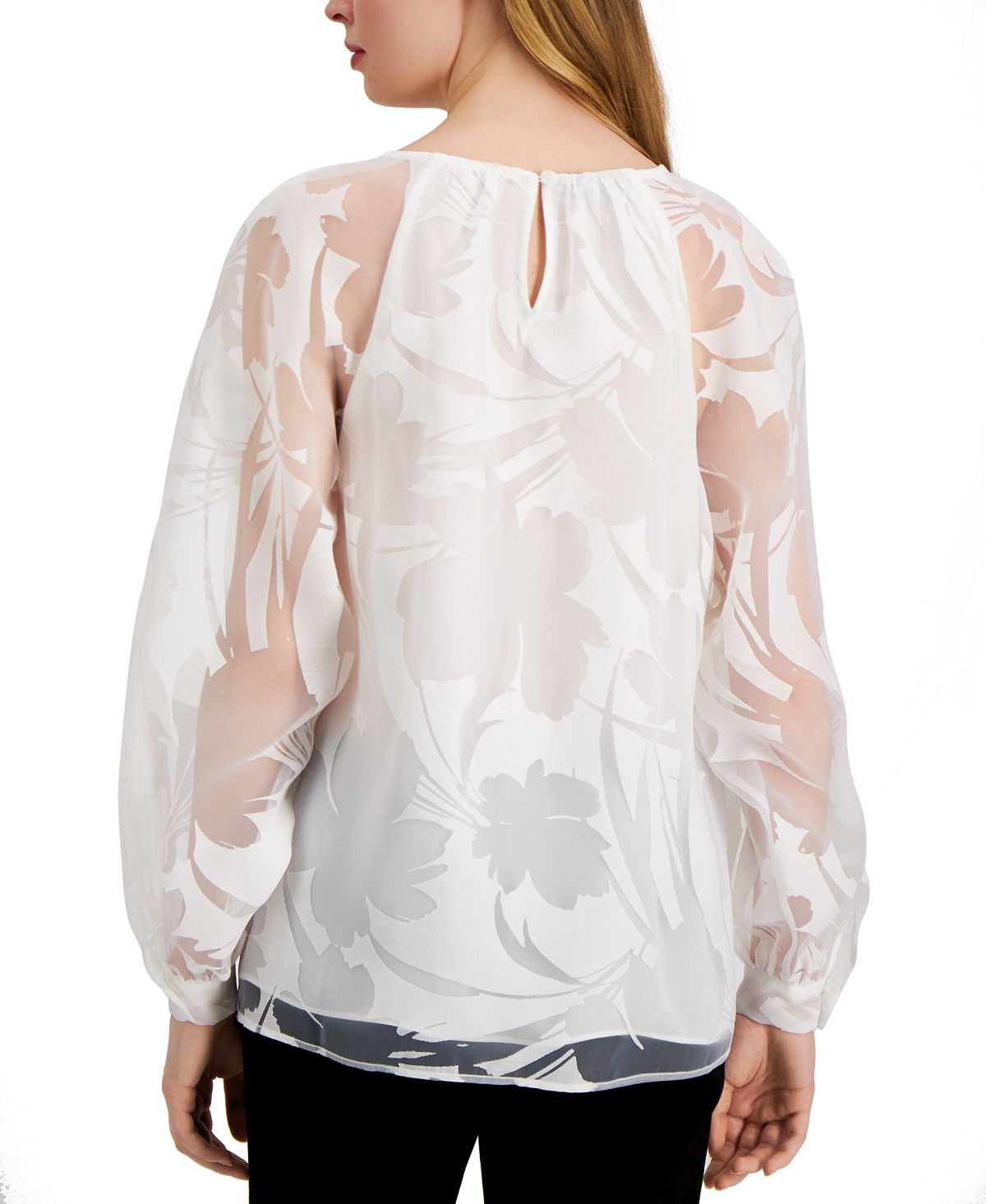Blusa feminina Alfani transparente lisa manga comprida gola joia branca tamanho GG