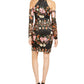Vestido curto Guss feminino com alças finas e estampa floral, manga comprida, preto, tamanho 0